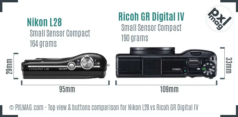 Nikon L28 vs Ricoh GR Digital IV top view buttons comparison