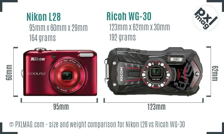 Nikon L28 vs Ricoh WG-30 size comparison