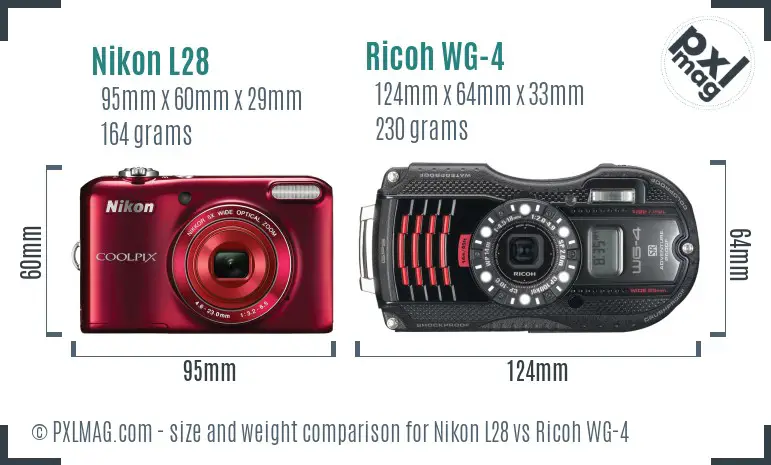 Nikon L28 vs Ricoh WG-4 size comparison