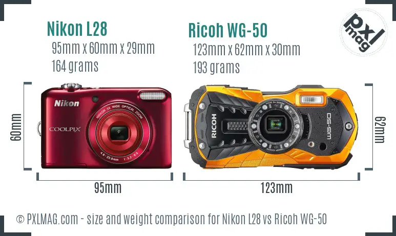 Nikon L28 vs Ricoh WG-50 size comparison