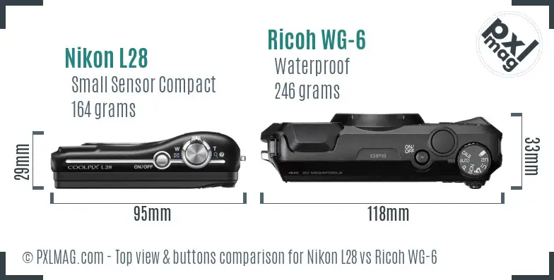 Nikon L28 vs Ricoh WG-6 top view buttons comparison