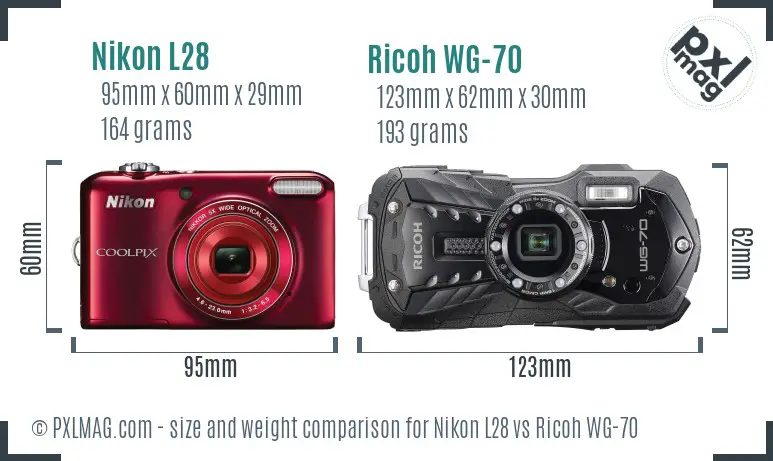 Nikon L28 vs Ricoh WG-70 size comparison