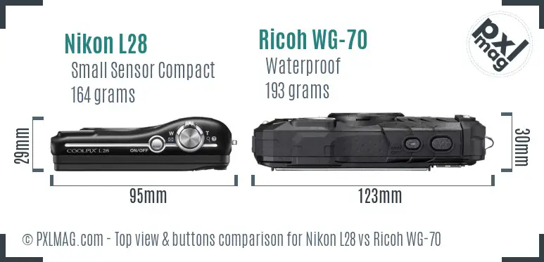 Nikon L28 vs Ricoh WG-70 top view buttons comparison