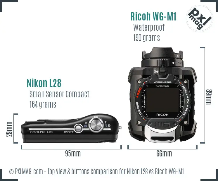 Nikon L28 vs Ricoh WG-M1 top view buttons comparison Nikon L28 vs Ricoh WG-M1 top view buttons comparison
