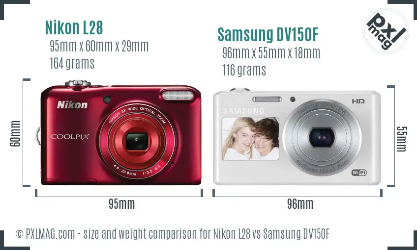 Nikon L28 vs Samsung DV150F size comparison