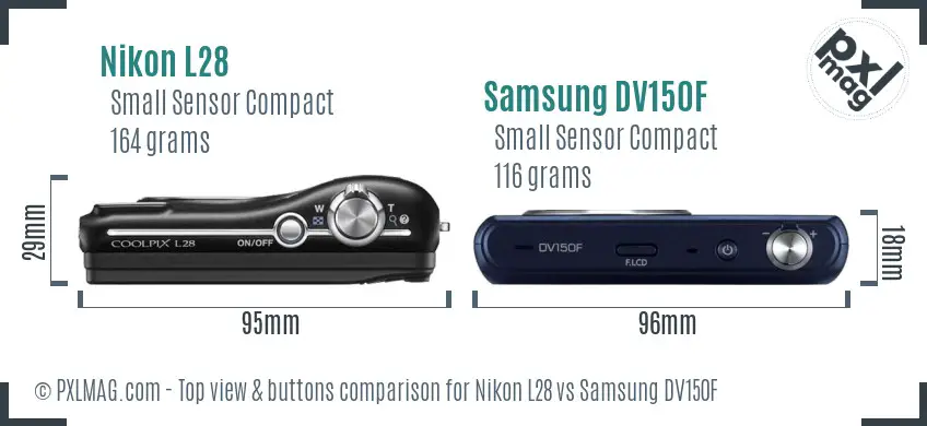 Nikon L28 vs Samsung DV150F top view buttons comparison