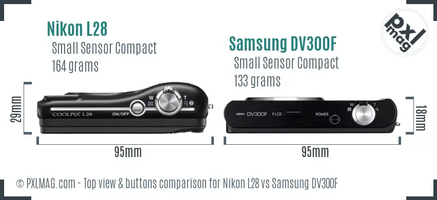 Nikon L28 vs Samsung DV300F top view buttons comparison