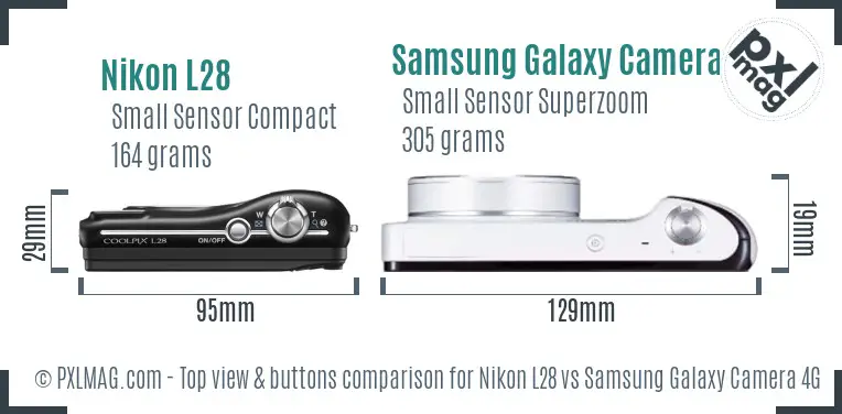 Nikon L28 vs Samsung Galaxy Camera 4G top view buttons comparison Nikon L28 vs Samsung Galaxy Camera 4G top view buttons comparison