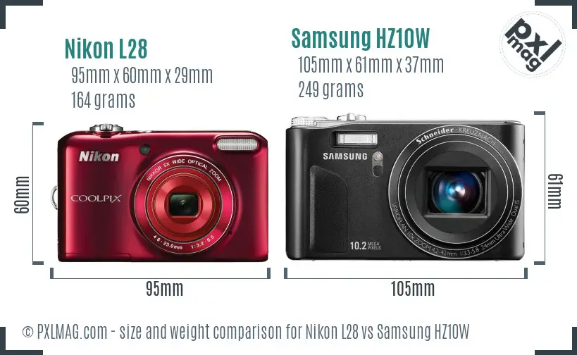 Nikon L28 vs Samsung HZ10W size comparison