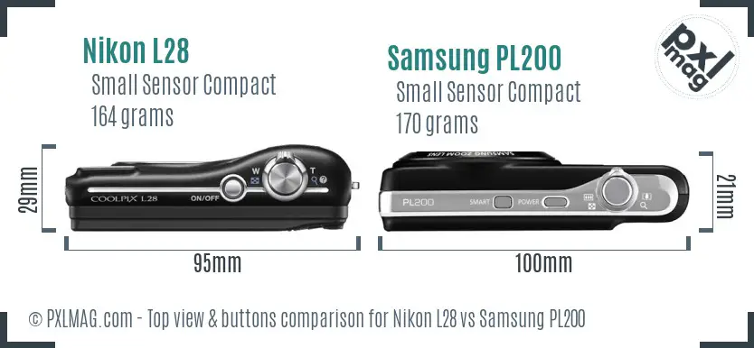 Nikon L28 vs Samsung PL200 top view buttons comparison Nikon L28 vs Samsung PL200 top view buttons comparison