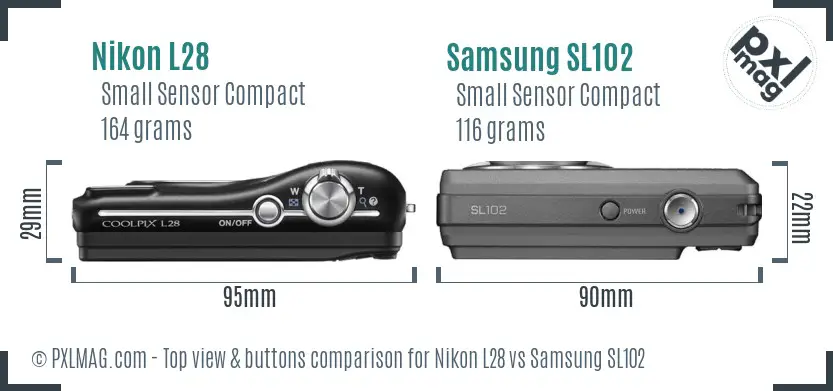 Nikon L28 vs Samsung SL102 top view buttons comparison Nikon L28 vs Samsung SL102 top view buttons comparison