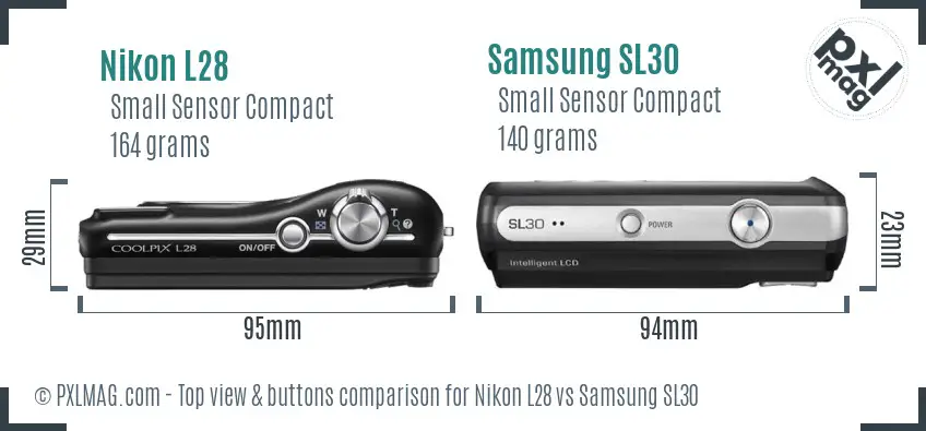 Nikon L28 vs Samsung SL30 top view buttons comparison Nikon L28 vs Samsung SL30 top view buttons comparison
