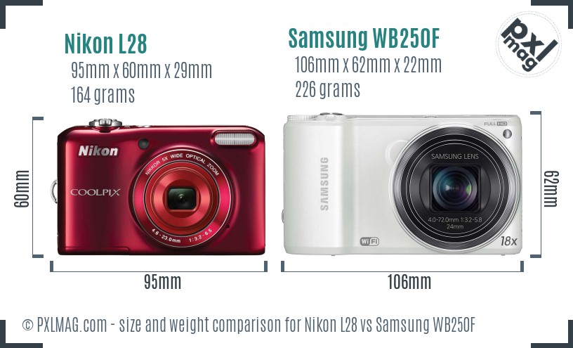 Nikon L28 vs Samsung WB250F size comparison