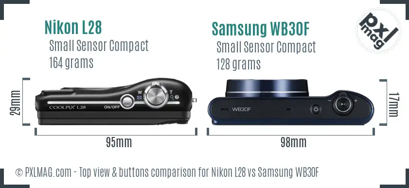 Nikon L28 vs Samsung WB30F top view buttons comparison Nikon L28 vs Samsung WB30F top view buttons comparison