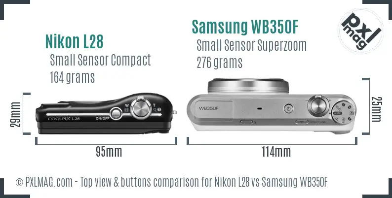 Nikon L28 vs Samsung WB350F top view buttons comparison Nikon L28 vs Samsung WB350F top view buttons comparison