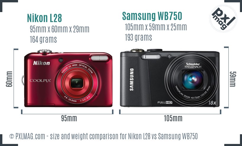 Nikon L28 vs Samsung WB750 size comparison