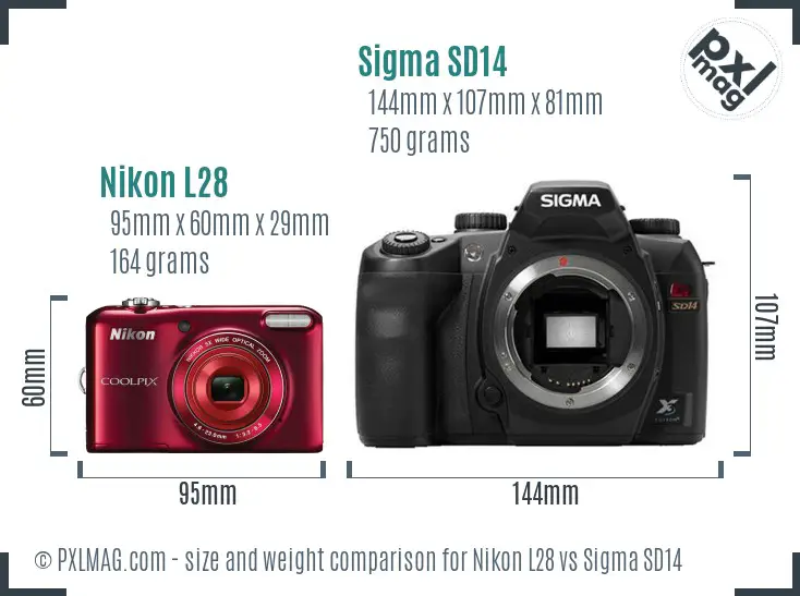 Nikon L28 vs Sigma SD14 size comparison