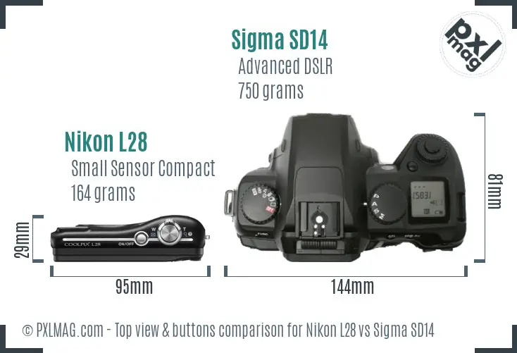 Nikon L28 vs Sigma SD14 top view buttons comparison