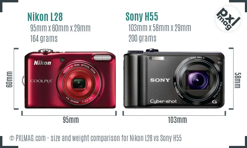 Nikon L28 vs Sony H55 size comparison