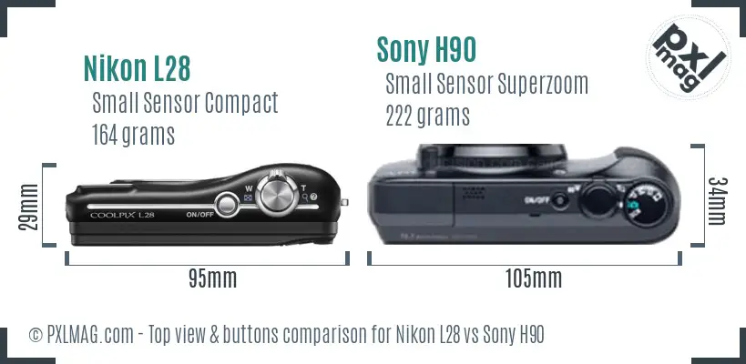 Nikon L28 vs Sony H90 top view buttons comparison