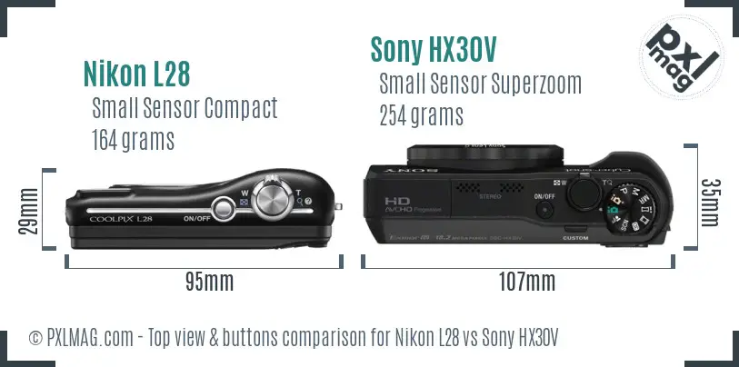 Nikon L28 vs Sony HX30V top view buttons comparison