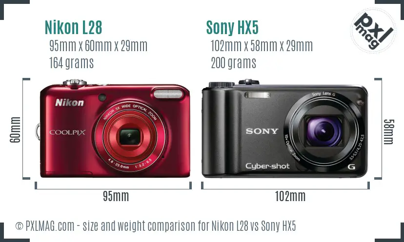 Nikon L28 vs Sony HX5 size comparison