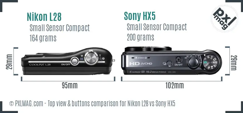Nikon L28 vs Sony HX5 top view buttons comparison