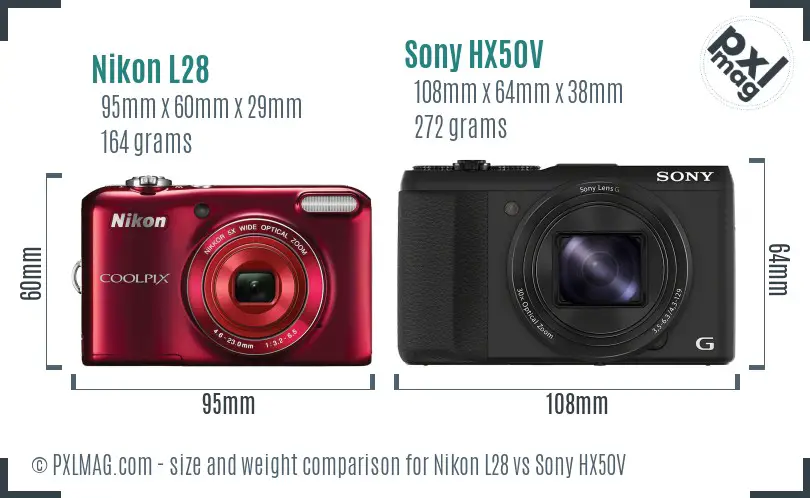 Nikon L28 vs Sony HX50V size comparison