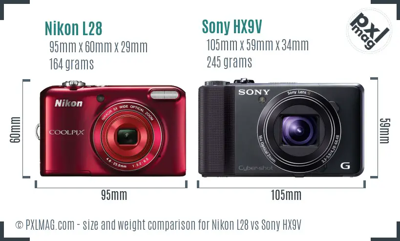 Nikon L28 vs Sony HX9V size comparison