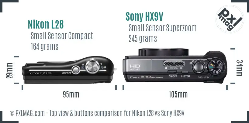 Nikon L28 vs Sony HX9V top view buttons comparison