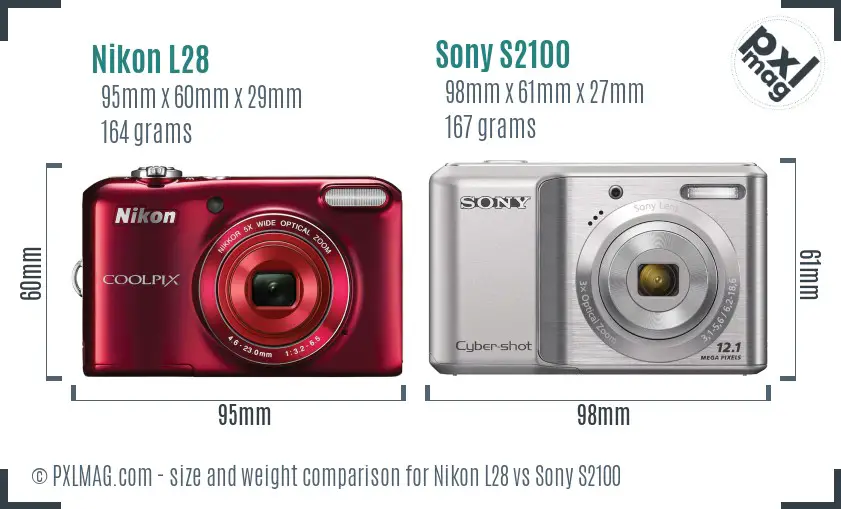 Nikon L28 vs Sony S2100 size comparison