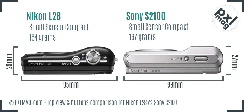 Nikon L28 vs Sony S2100 top view buttons comparison