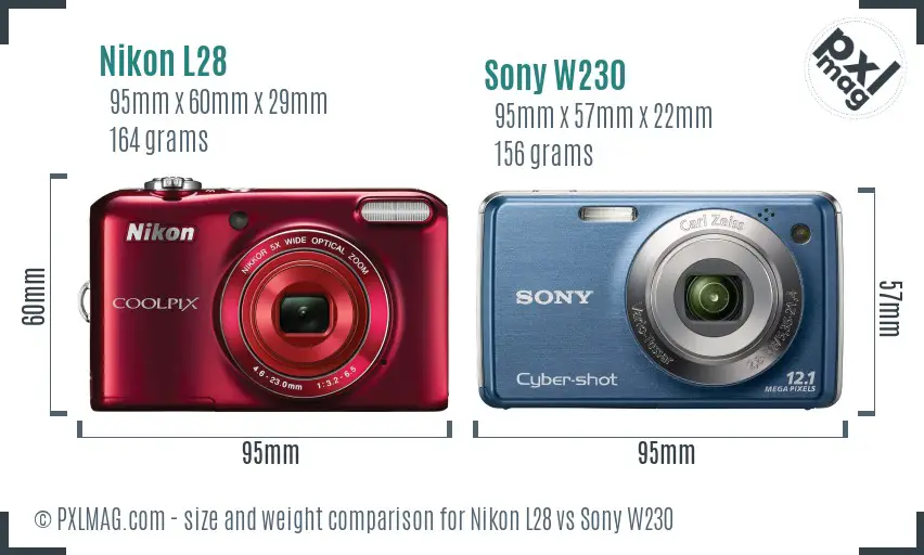 Nikon L28 vs Sony W230 size comparison