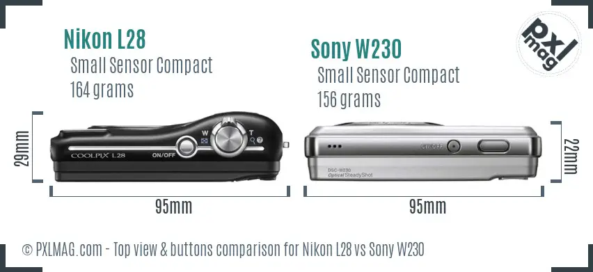 Nikon L28 vs Sony W230 top view buttons comparison