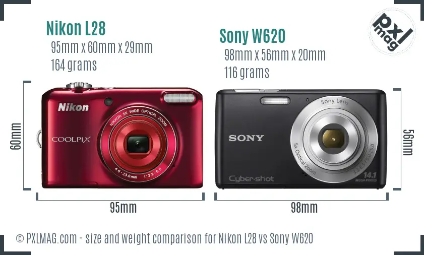 Nikon L28 vs Sony W620 size comparison