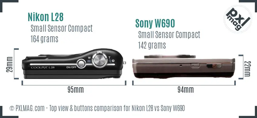 Nikon L28 vs Sony W690 top view buttons comparison Nikon L28 vs Sony W690 top view buttons comparison