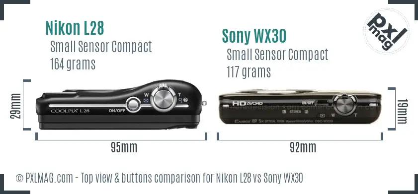 Nikon L28 vs Sony WX30 top view buttons comparison Nikon L28 vs Sony WX30 top view buttons comparison