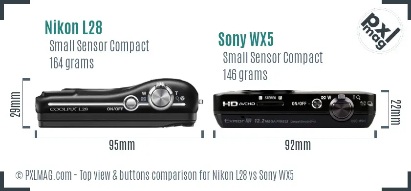 Nikon L28 vs Sony WX5 top view buttons comparison