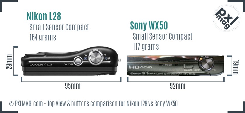 Nikon L28 vs Sony WX50 top view buttons comparison