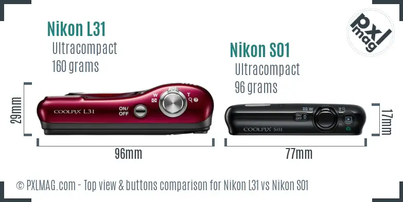 Nikon L31 vs Nikon S01 top view buttons comparison