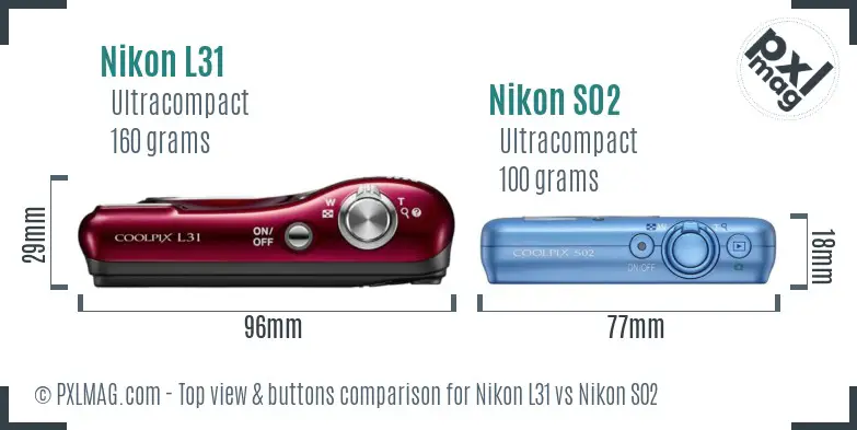 Nikon L31 vs Nikon S02 top view buttons comparison