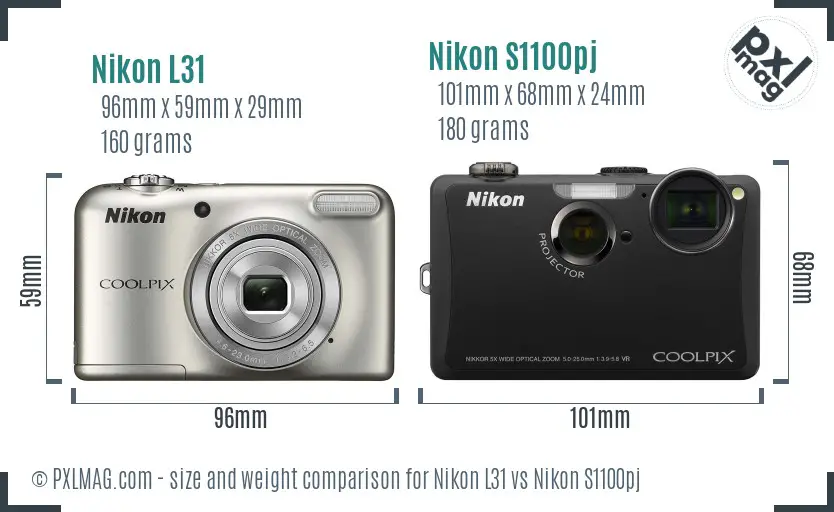 Nikon L31 vs Nikon S1100pj size comparison