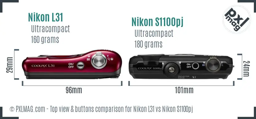 Nikon L31 vs Nikon S1100pj top view buttons comparison