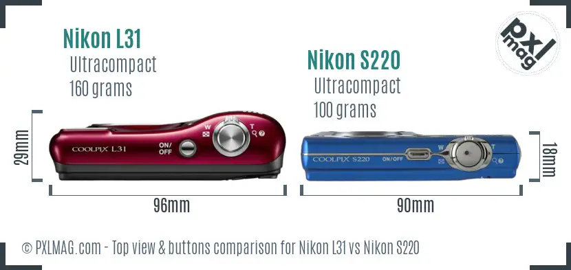 Nikon L31 vs Nikon S220 top view buttons comparison