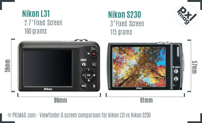 Nikon L31 vs Nikon S230 Screen and Viewfinder comparison