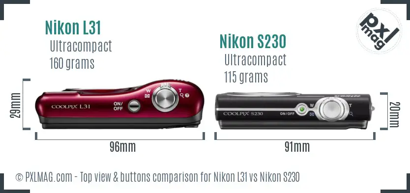 Nikon L31 vs Nikon S230 top view buttons comparison