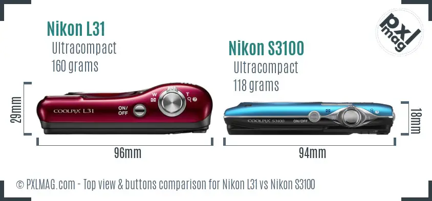 Nikon L31 vs Nikon S3100 top view buttons comparison