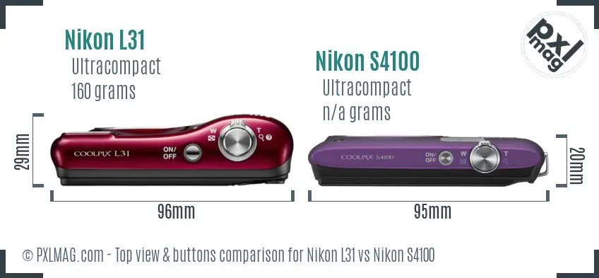 Nikon L31 vs Nikon S4100 top view buttons comparison