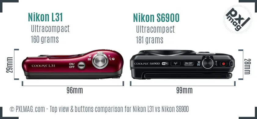 Nikon L31 vs Nikon S6900 top view buttons comparison Nikon L31 vs Nikon S6900 top view buttons comparison