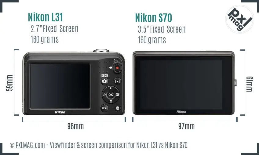 Nikon L31 vs Nikon S70 Screen and Viewfinder comparison